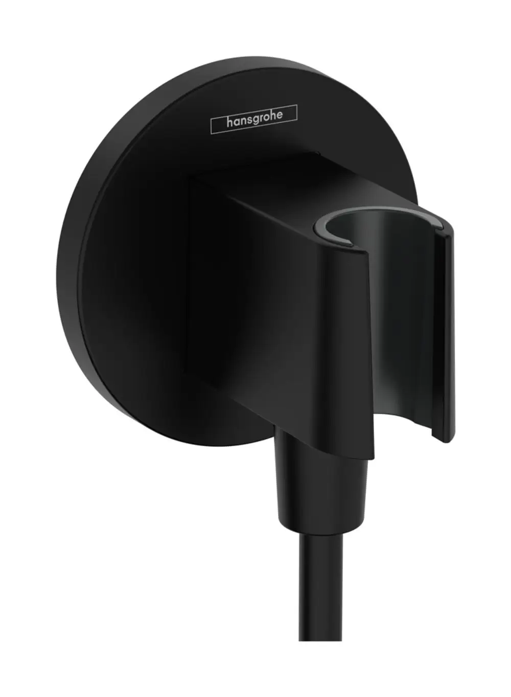 Wandanschluss mit Halter für Brause in schwarzem Finish. Das Produkt zeigt eine runde Montageplatte und eine vertikale Halterung. Entwickelt von Hansgrohe.